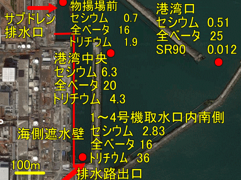 外洋より高い濃度の放射性物質が見つかる福島第一港湾内