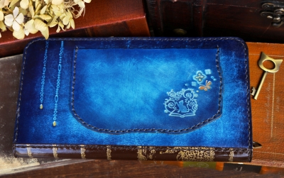 青い紫陽花の本革長財布