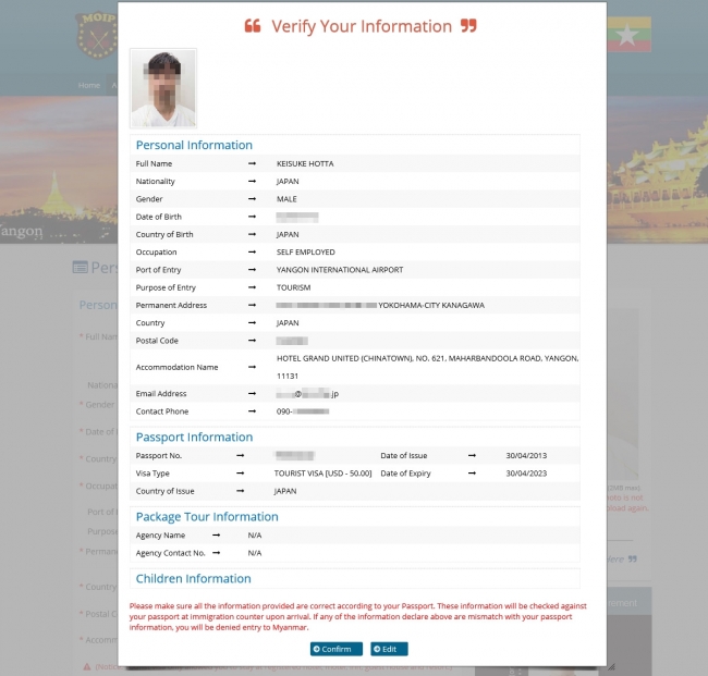 MyanmareVisa公式ウェブサイトでeVisa申請 確認画面